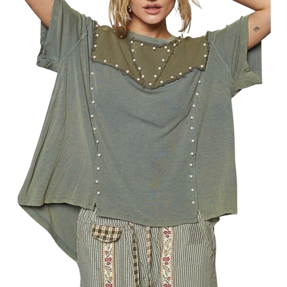 POL Pearl Embellished Olive Green Top | Frayed Boho Tunic | Small NWOT